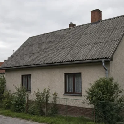 Starší vlnitá eternitová střecha rodinného domu s šedými zvětralými deskami